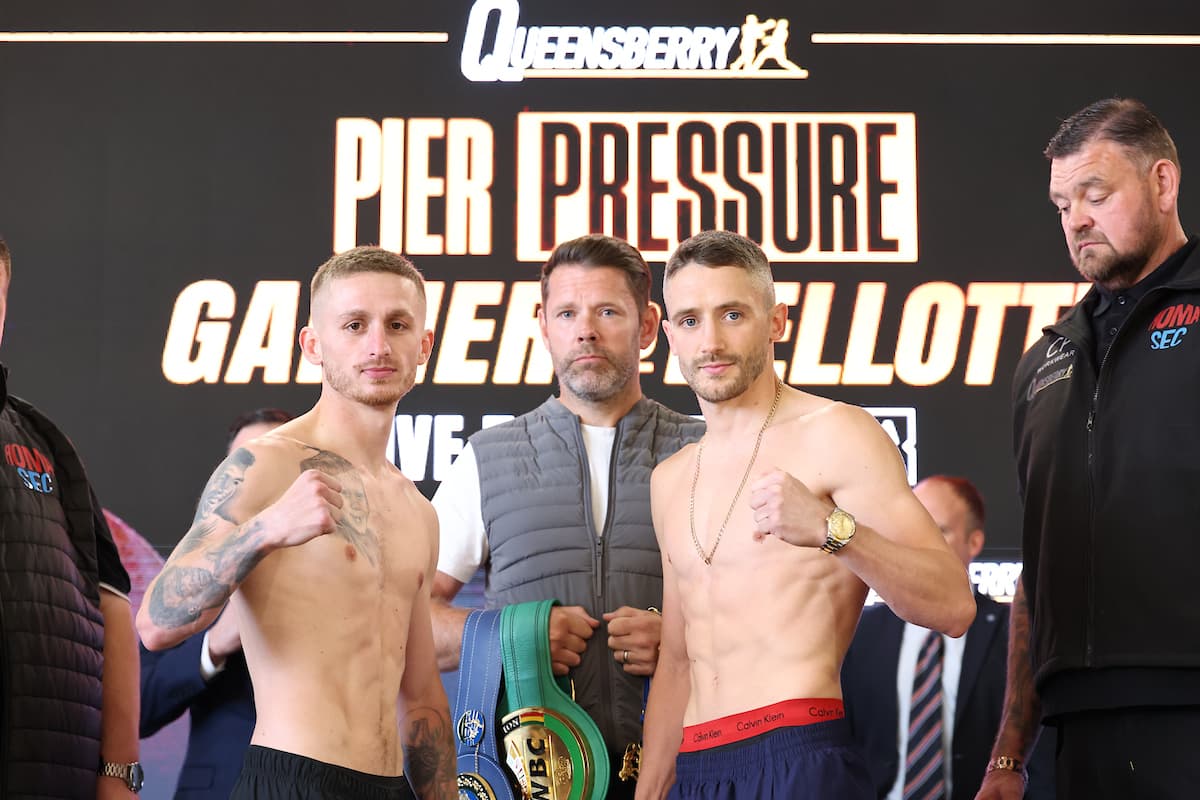 Ryan Garner and Reece Bellotti during the weigh-in ahead of their boxing bout at BIC in Bournemouth, England
