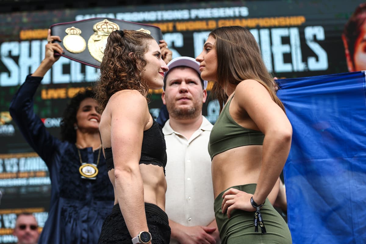 Samantha Worthington and Victoire Piteau during the weigh-in ahead of their boxing bout in Detroit