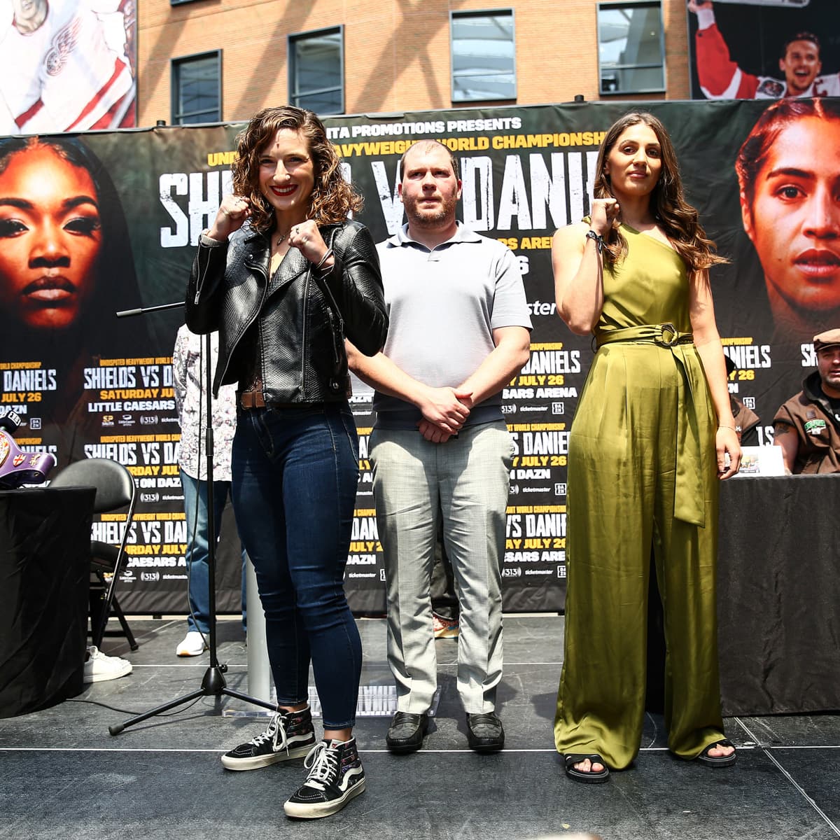 Samantha Worthington and Victoire Piteau during the press conference ahead of their boxing bout in Detroit
