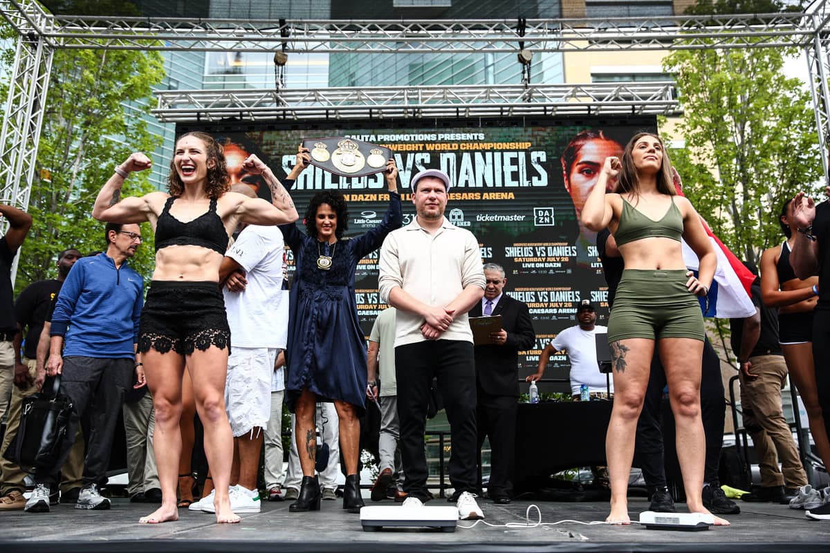 Samantha Worthington and Victoire Piteau during the weigh-in ahead of their boxing bout in Detroit