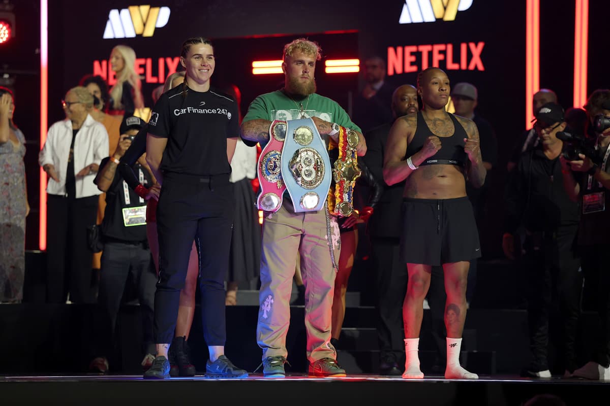 Savannah Marshall, Jake Paul and Shadasia Green during the weigh-in in New York