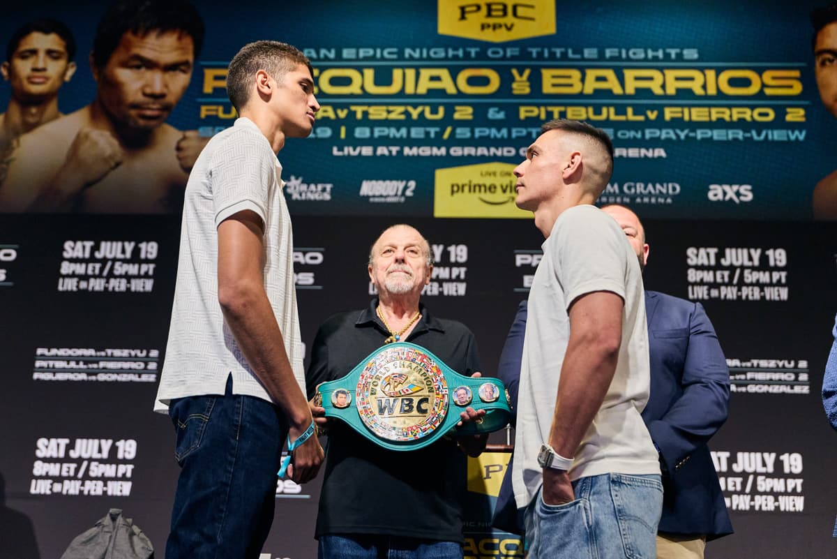 Sebastian Fundora and Tim Tszyu at the press conference ahead of their bout in Las Vegas