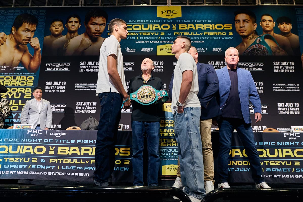 Sebastian Fundora and Tim Tszyu at the press conference ahead of their bout in Las Vegas