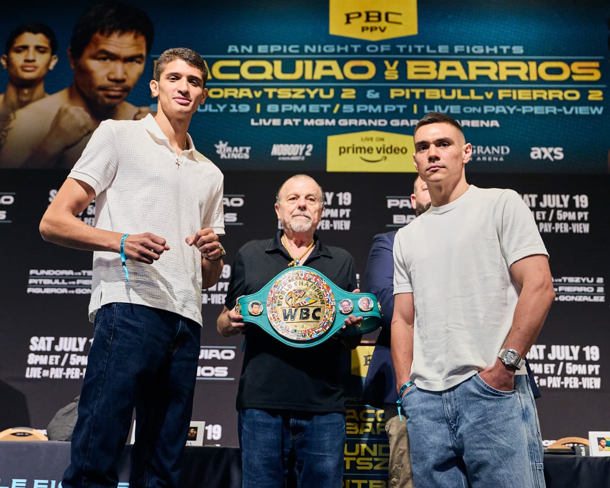 Sebastian Fundora and Tim Tszyu at the press conference ahead of their bout in Las Vegas