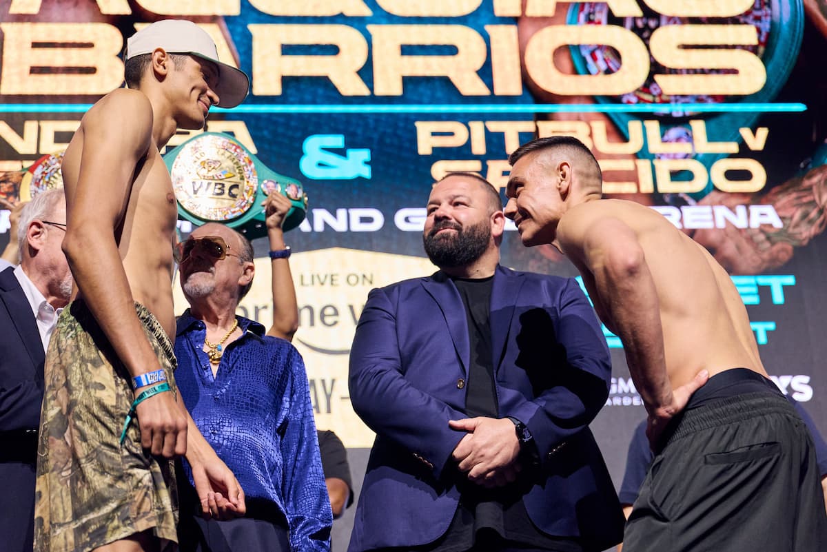 Sebastian Fundora vs Tim Tszyu during the weigh-in ahead of their bout in Las Vegas