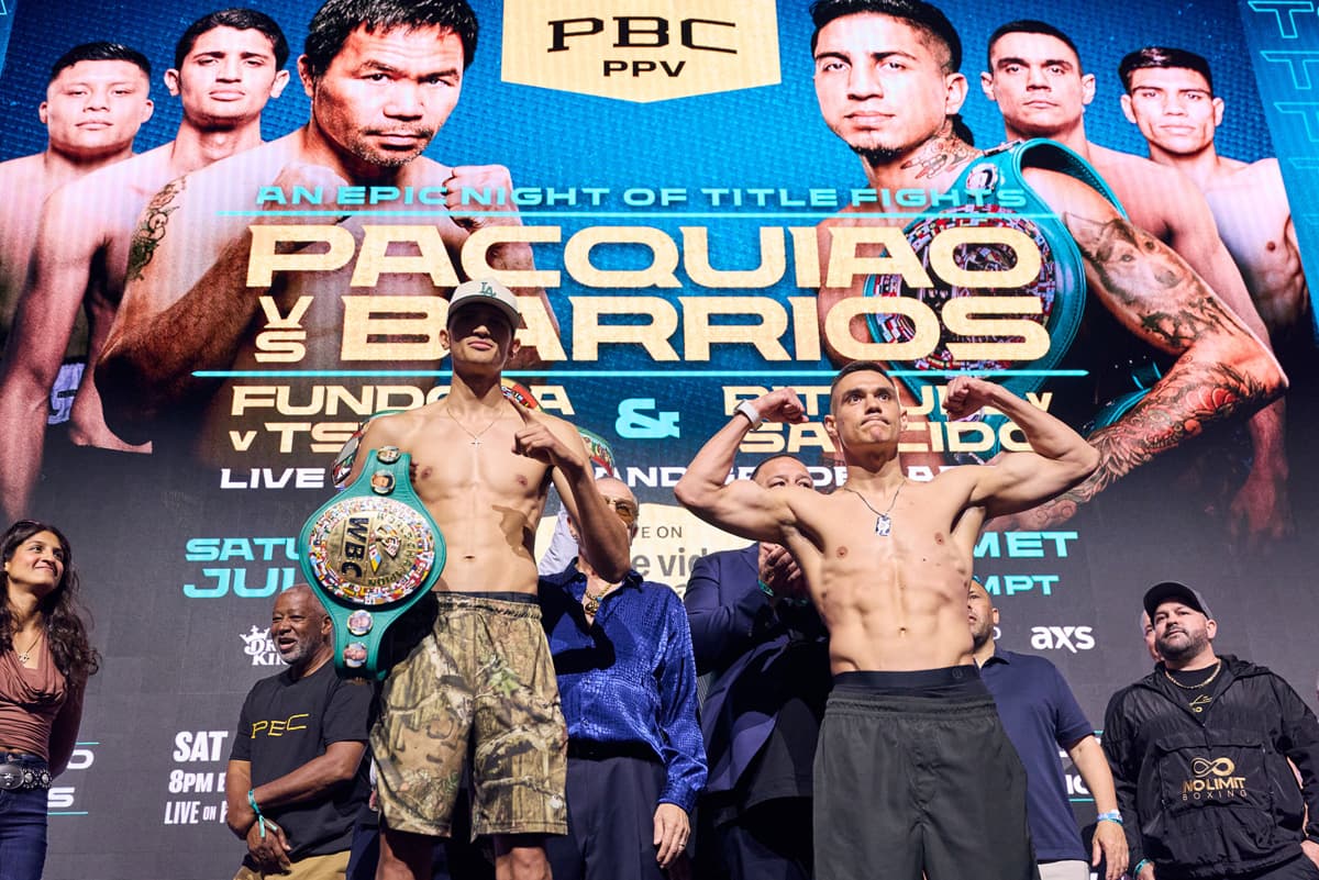 Sebastian Fundora and Tim Tszyu during the weigh-in ahead of their bout in Las Vegas