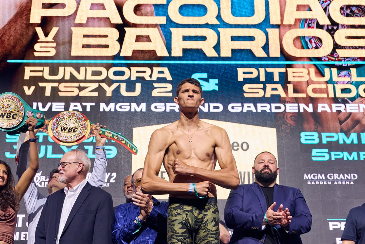 Sebastian Fundora at the weigh-in ahead of his bout against Tim Tszyu in Las Vegas