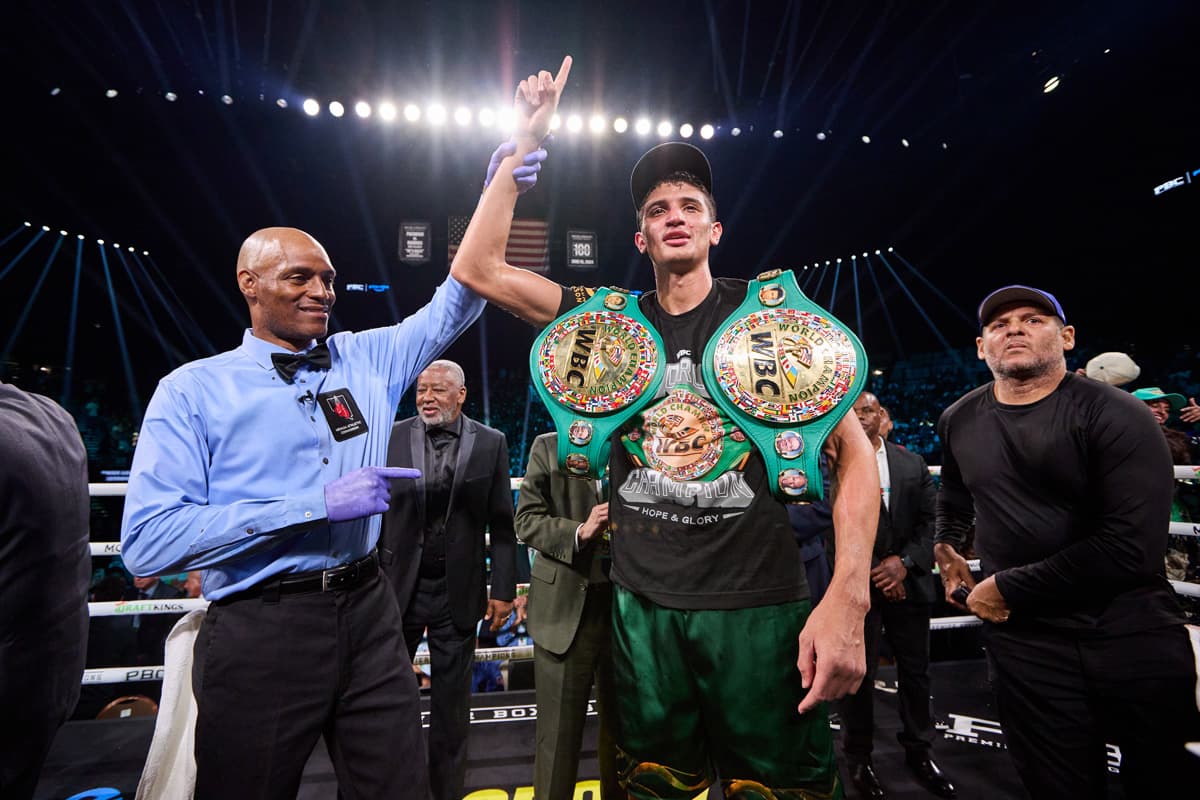 Sebastian Fundora victorious over Tim Tszyu during their bout at the MGM Grand Garden Arena in Las Vegas