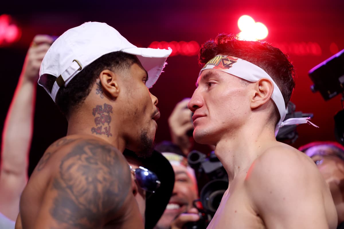 Shakur Stevenson and William Zepeda during the weigh-in in Queens, New York