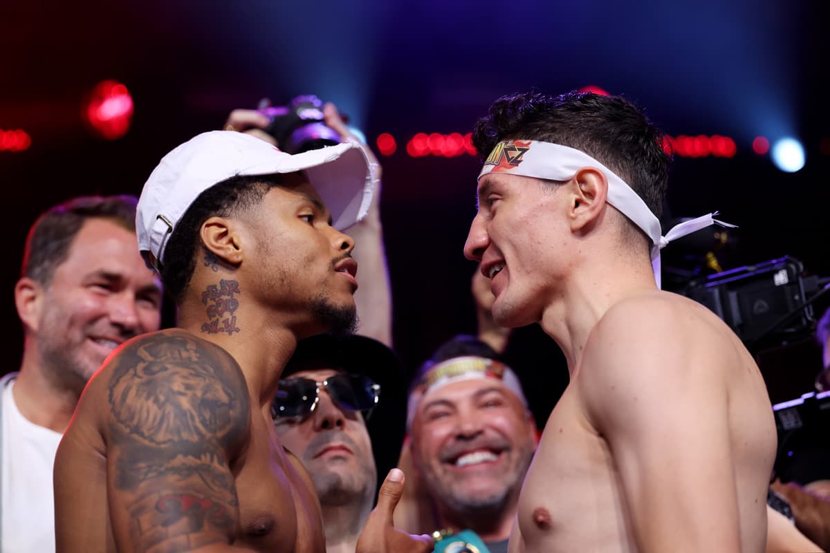 Shakur Stevenson and William Zepeda during the weigh-in in Corona, NY