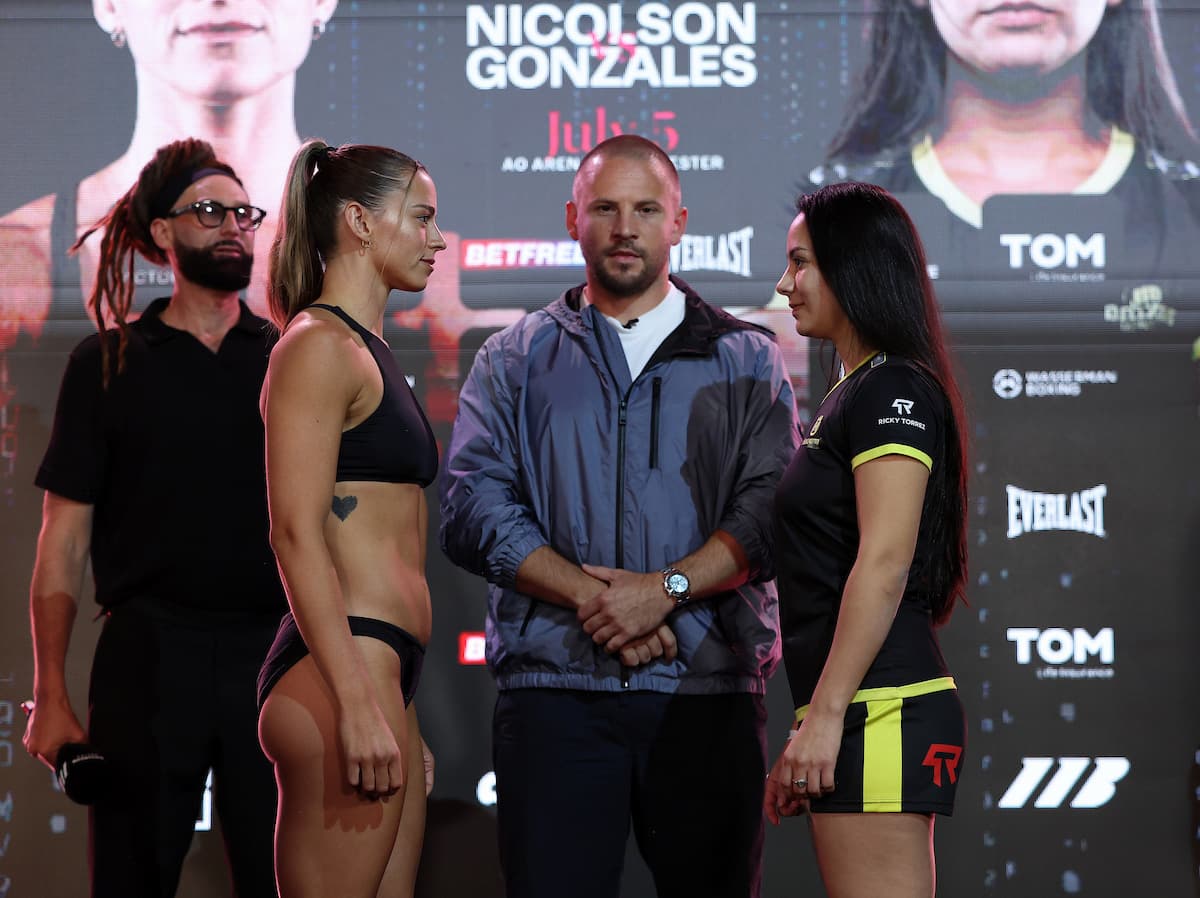 Skye Nicolson and Carla Camila Campos Gonzales at the weigh-in ahead of their boxing bout in Manchester