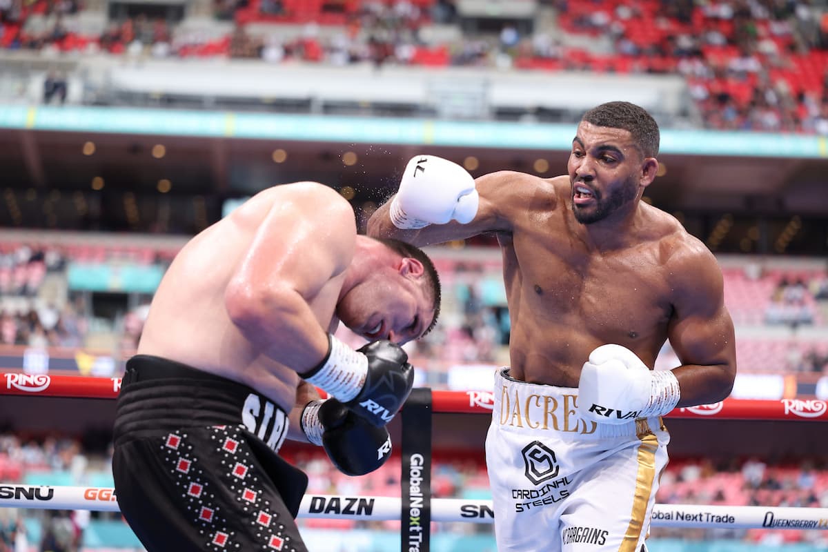 Solomon Dacres and Vladyslav Sirenko during their boxing bout at Wembley Stadium in London