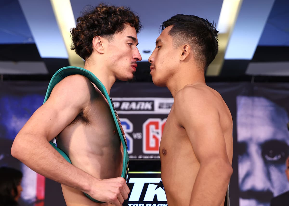 Steven Navarro and Cristopher Rios during the weigh-in ahead of their boxing bout at The Theater at Madison Square Garden in New York