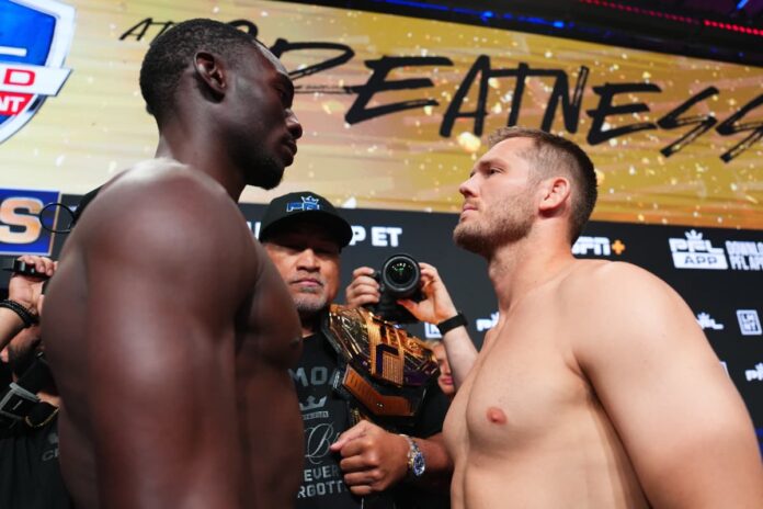 Thad Jean and Logan Storley face off at the PFL 8 ceremonial weigh-in, ahead of their MMA bout in Atlantic City