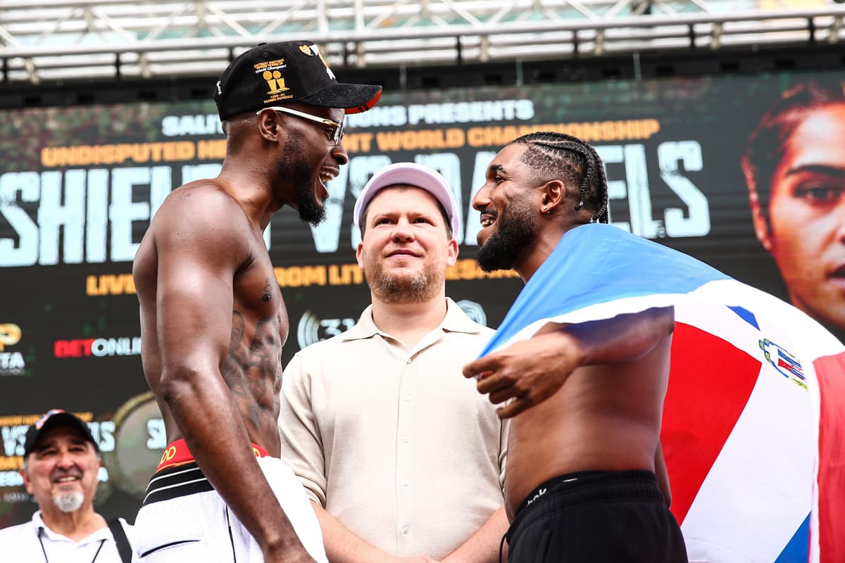 Tony Harrison and Edward Ulloa Diaz during the weigh-in ahead of their boxing bout in Detroit