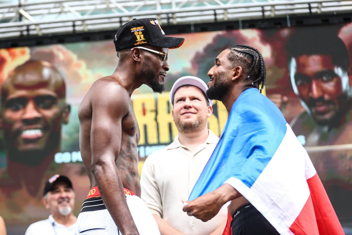Tony Harrison and Edward Ulloa Diaz during the weigh-in ahead of their boxing bout in Detroit