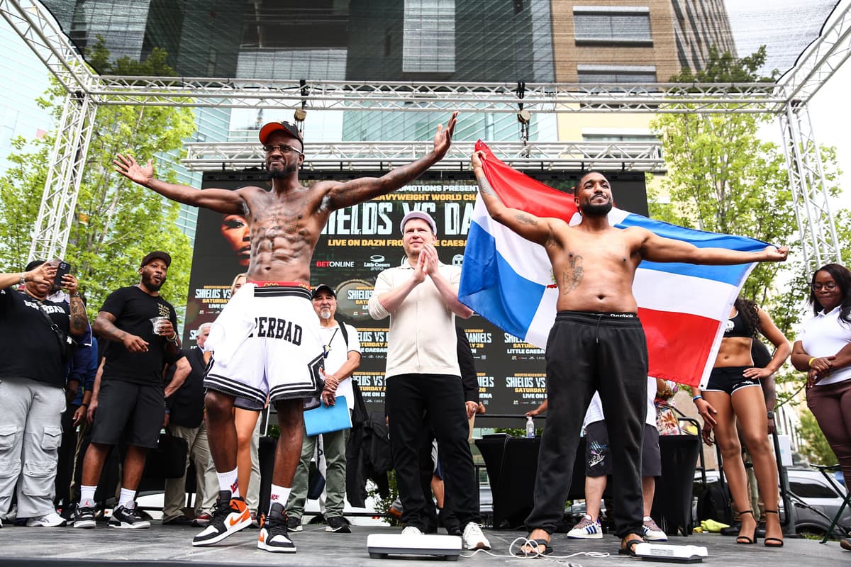 Tony Harrison and Edward Ulloa Diaz during the weigh-in ahead of their boxing bout in Detroit