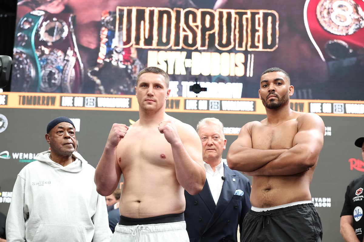 Vladyslav Sirenko and Solomon Dacres during the weigh-in ahead of their bout at Wembley Stadium in London