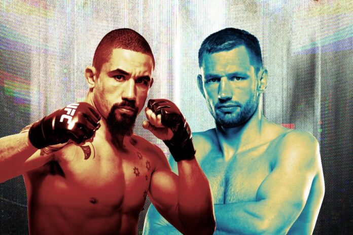 Image featuring the faces of Robert Whittaker and Reinier de Ridder, promoting their MMA bout at UFC Abu Dhabi