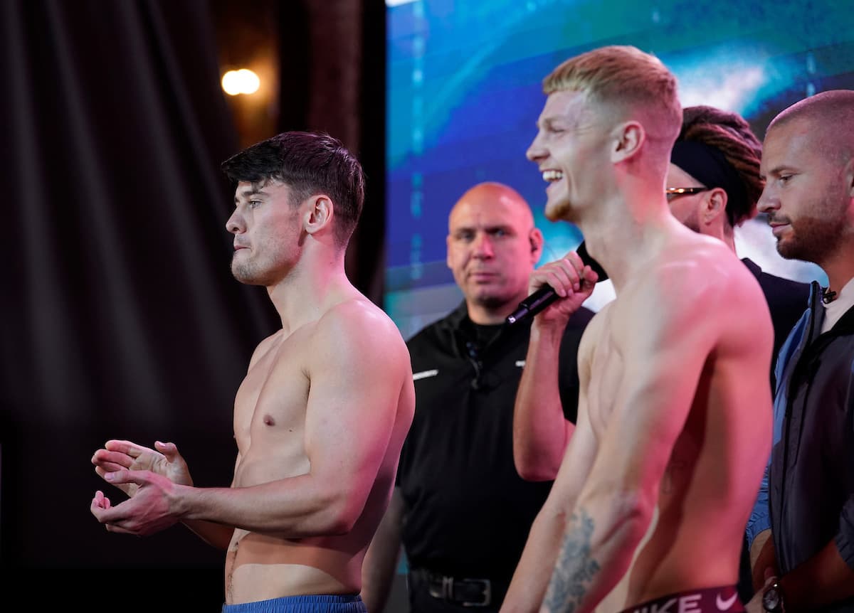 William Crolla and Fraser Wilkinson at the weigh-in ahead of their boxing bout in Manchester