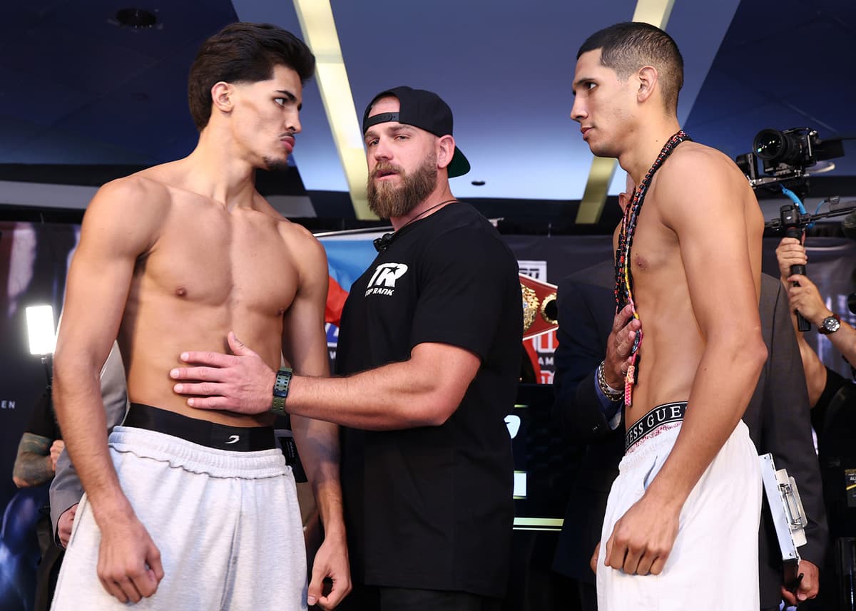 Xander Zayas and Jorge Garcia Perez during the weigh-in ahead of their boxing bout at The Theater at Madison Square Garden in New York
