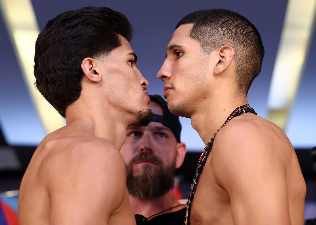 Xander Zayas and Jorge Garcia Perez during the weigh-in ahead of their boxing bout at The Theater at Madison Square Garden in New York