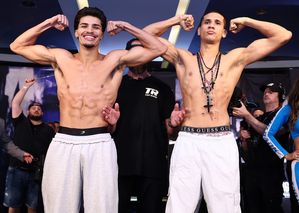 Xander Zayas and Jorge Garcia Perez during the weigh-in ahead of their boxing bout at The Theater at Madison Square Garden in New York