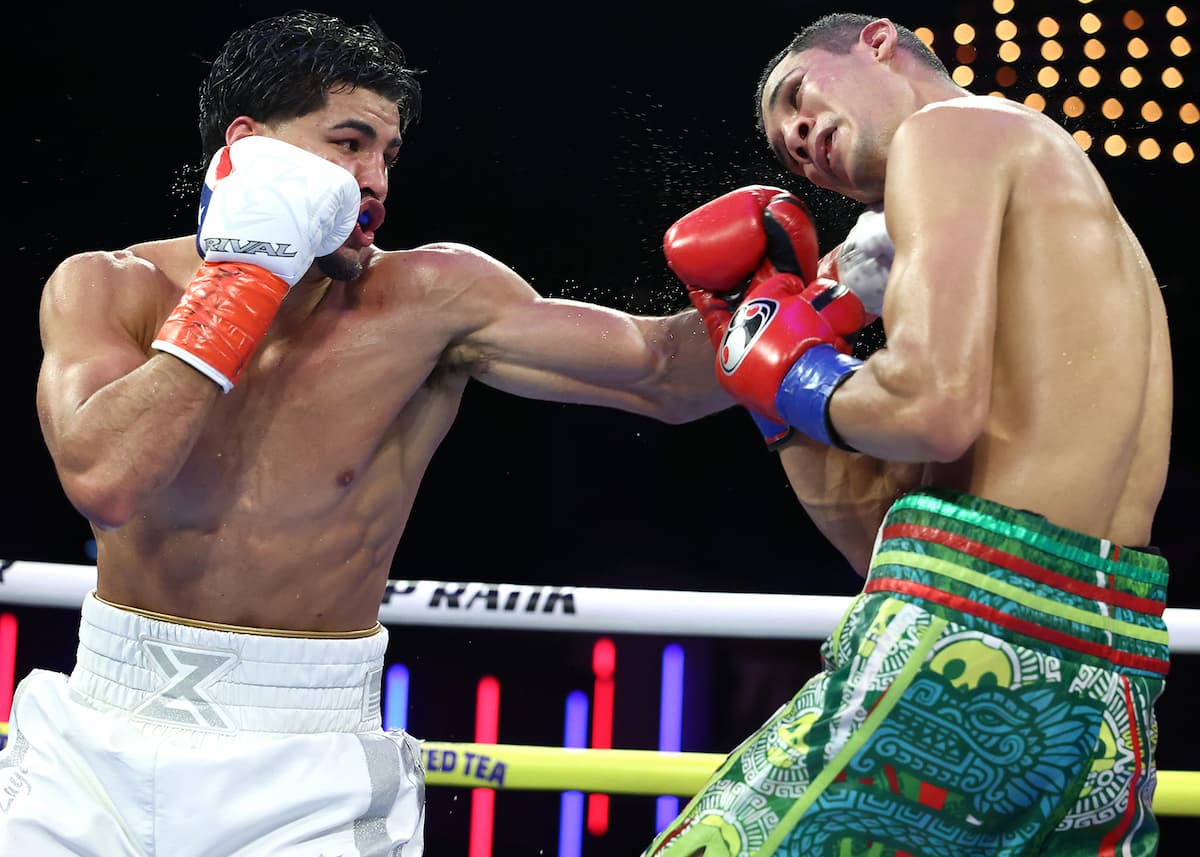 Xander Zayas punches Jorge Garcia Perez during their boutat The Theater at Madison Square Garden in New York