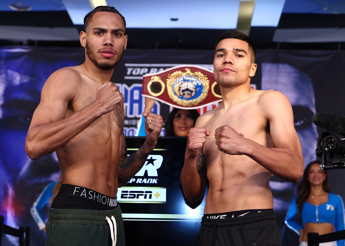 Yan Santana and Aaron Alameda during the weigh-in ahead of their boxing bout at The Theater at Madison Square Garden in New York