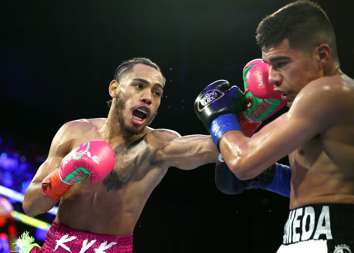 Yan Santana throws a jab during his bout against Aaron Alameda at The Theater at Madison Square Garden in New York