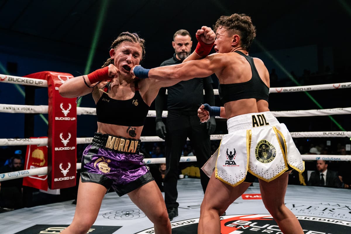 Emma Murray and Alexandra Delgado-Lopez during their bout at BKFC Fight Night Edmonton