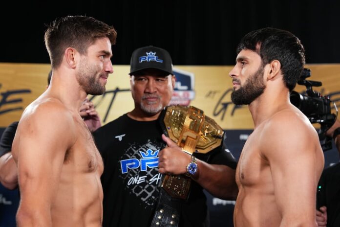 Alfie Davis and Gadzhi Rabadanov face off at the PFL 9 ceremonial weigh-in, ahead of their MMA bout in Charlotte, NC