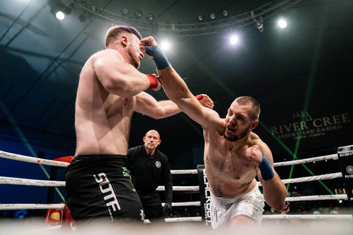 Bohdan Kotok punches Brady Meister during their bout at BKFC Fight Night Edmonton