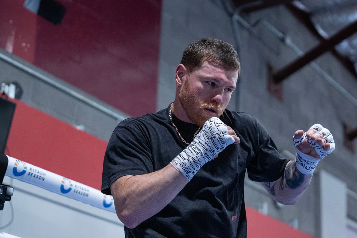 Canelo Alvarez shadowboxing during a media workout at UFC Gym in Reno, NV