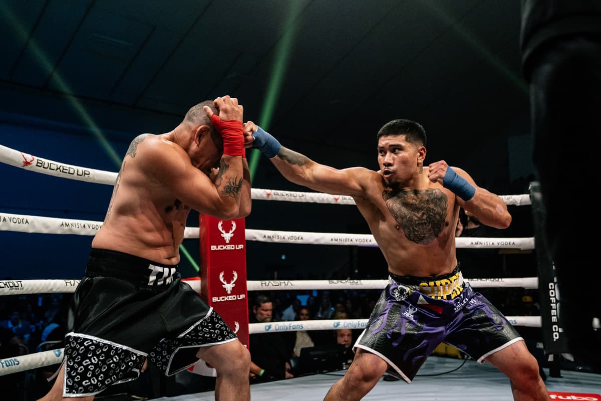 Chad Lucanas punches Tim Tamaki during their bout at BKFC Fight Night Edmonton