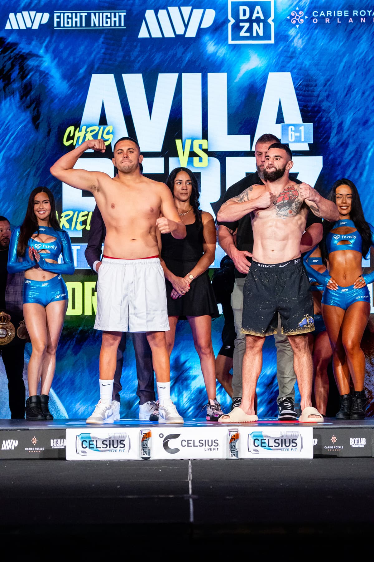Chris Avila and Ariel Perez during the weigh-in ahead of their boxing bout at Caribe Royale Orlando