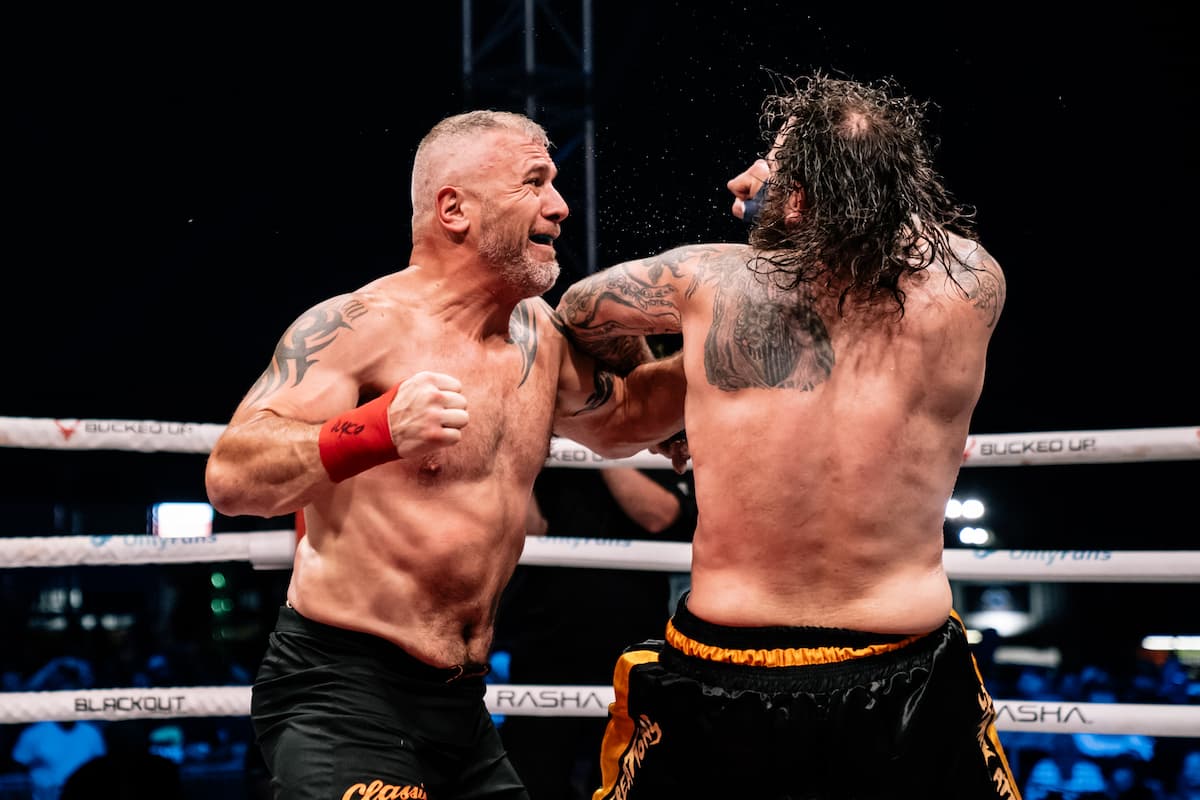 Corey Willis and Zach Calmus during their bare-knuckle boxing bout at the Legendary Sturgis Buffalo Chip in Sturgis, SD