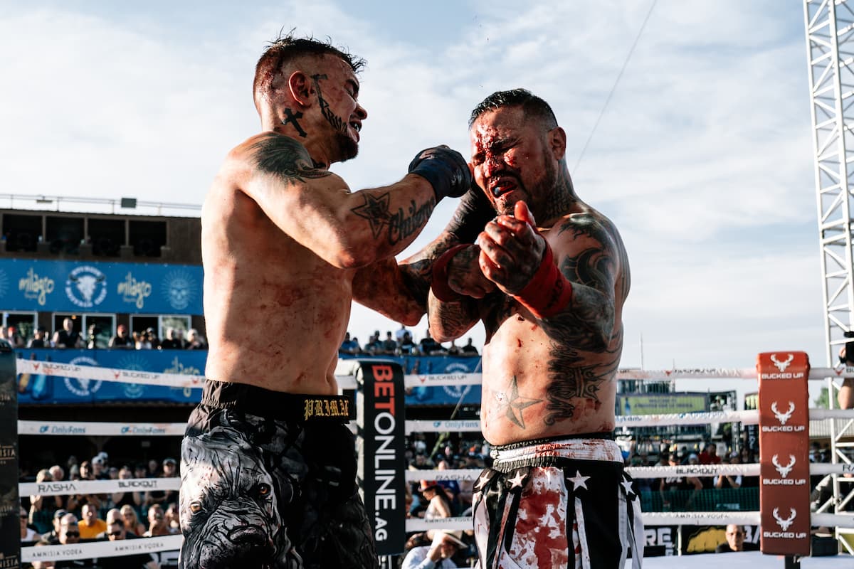 Dan Godoy and Paco Castillo during their bare-knuckle boxing bout at the Legendary Sturgis Buffalo Chip in Sturgis, SD