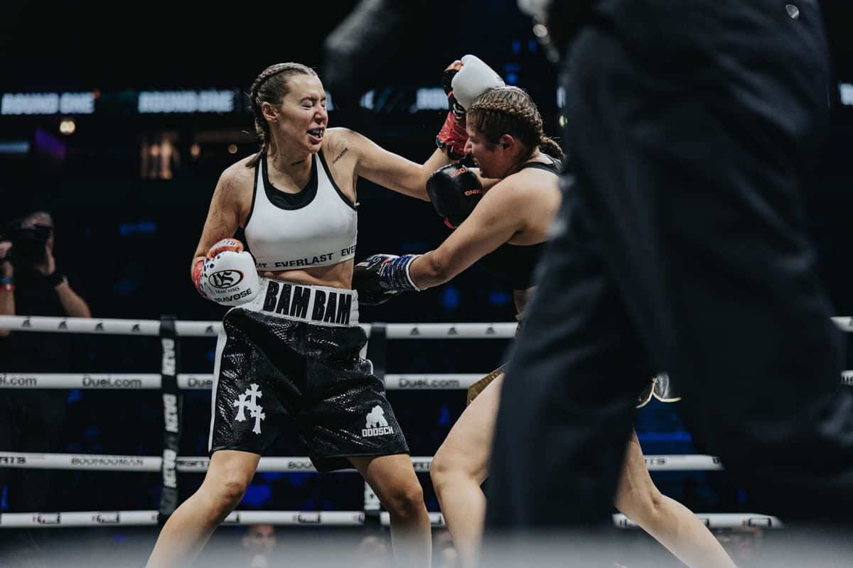 Demi Sims and Nadeshi Hopkins during their bout at Misfits Boxing 22