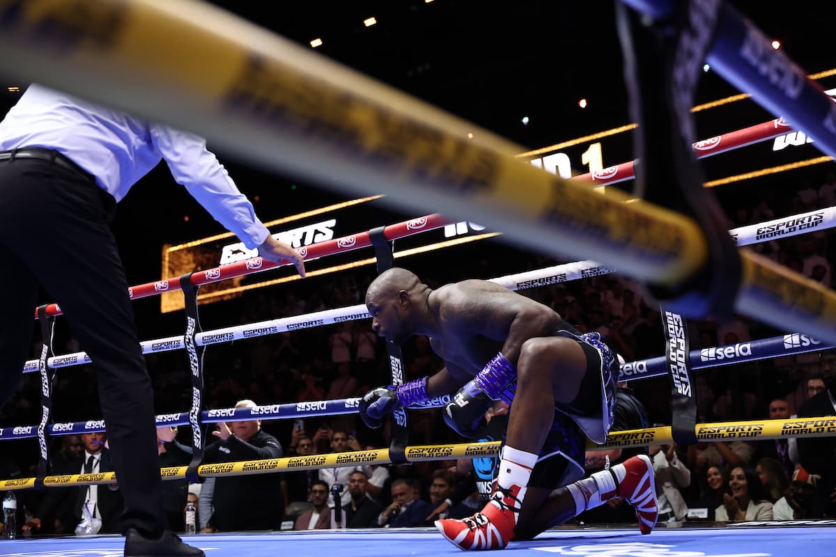 Dillian Whyte suffers a knockdown during his bout against Moses Itauma in Riyadh, Saudi Arabia