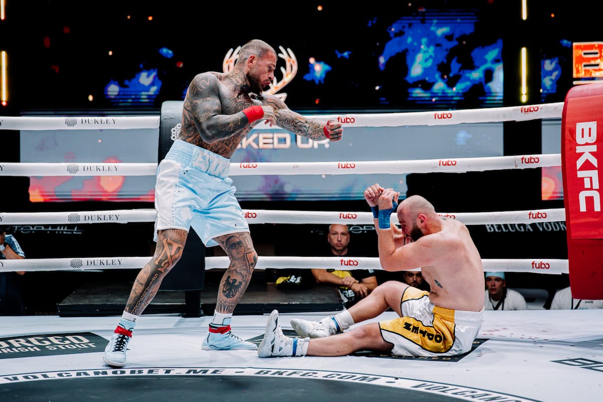 Dominik Estorer knocks down Damjan Savanovic during their bare-knuckle bout at BKFC Budva