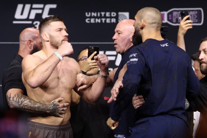Dricus Du Plessis and Khamzat Chimaev face off at the UFC 319 ceremonial weigh-in, ahead of their MMA bout in Chicago