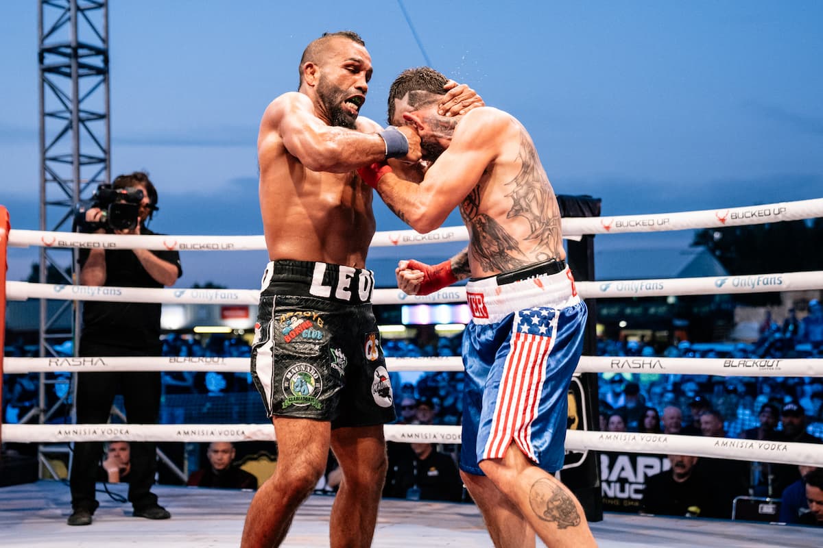 Elvin Leon Brito and Brandon Meyer during their bare-knuckle boxing bout at the Legendary Sturgis Buffalo Chip in Sturgis, SD