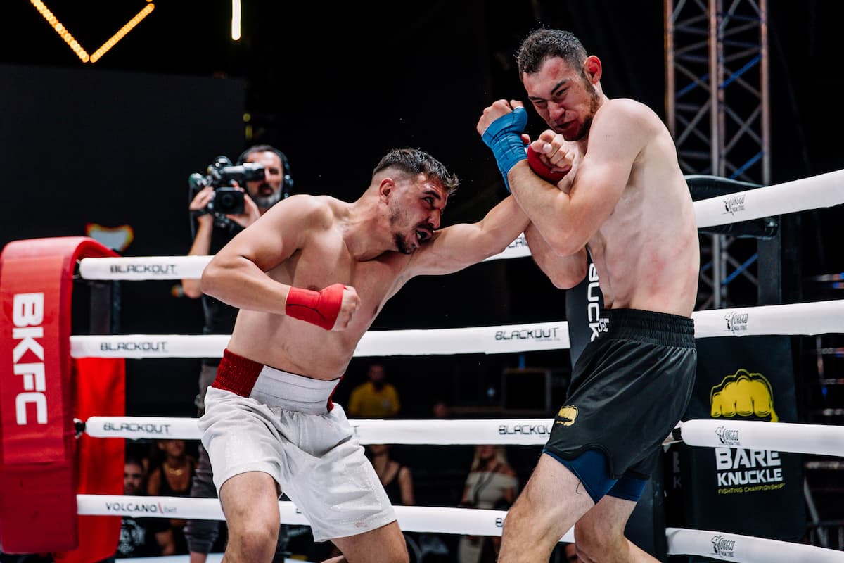 Emircan Gulsen punches Denis Gondzala during their bare-knuckle bout at BKFC Budva