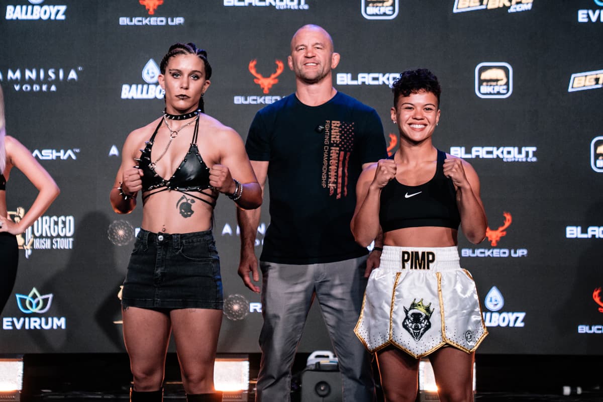 Emma Murray and Alexandra Delgado-Lopez during the BKFC Edmonton weigh-in