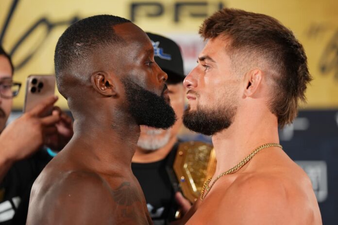 Fabian Edwards and Dalton Rosta face off at the PFL 10 ceremonial weigh-in, ahead of their MMA bout at Hard Rock Live in Hollywood, FL