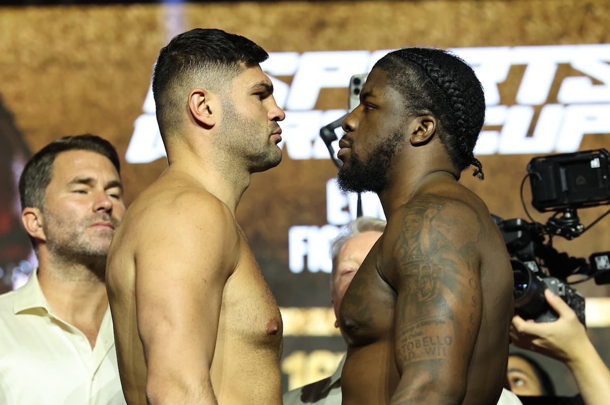 Filip Hrgovic and David Adeleye during the weigh-in ahead of their boxing bout in Riyadh, Saudi Arabia
