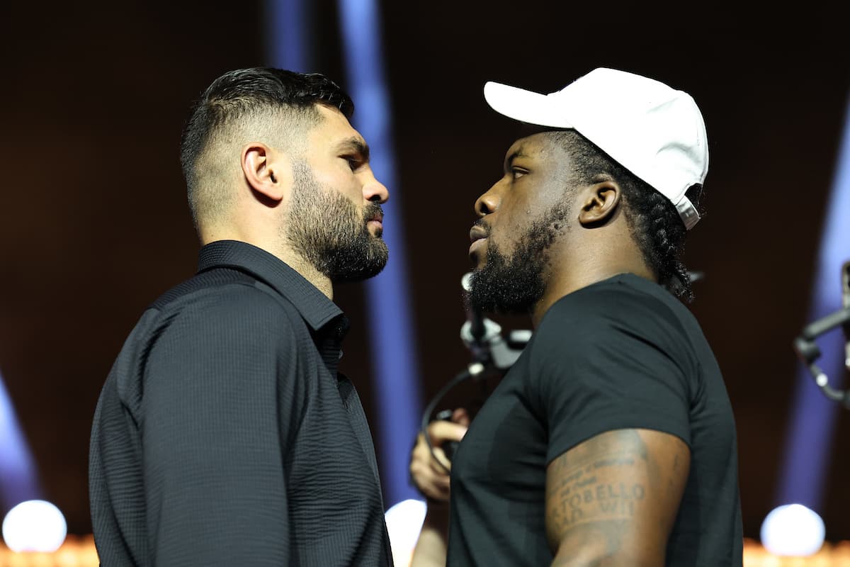 Filip Hrgovic and David Adeleye during the press conference ahead of their boxing bout in Riyadh, Saudi Arabia