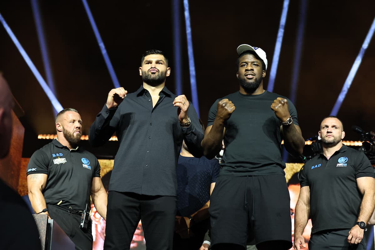 Filip Hrgovic and David Adeleye during the press conference ahead of their boxing bout in Riyadh, Saudi Arabia