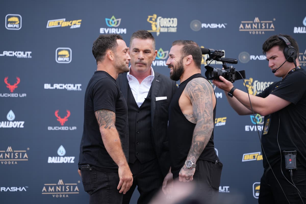 Frankie Edgar and Jimmie Rivera during the BKFC launch press conference in Newark, NJ